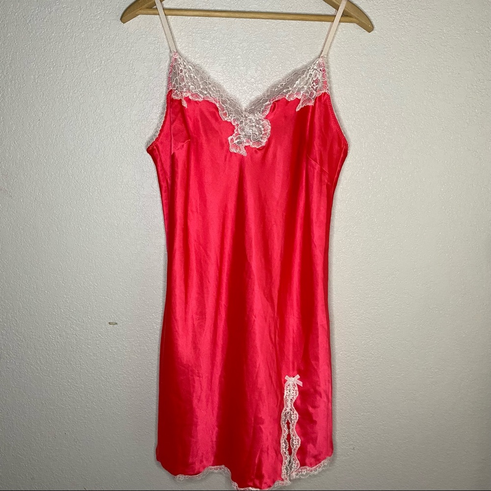 Victoria’s Secret Bright Pink Silky Baby Doll Slip Dress Lingerie with lace